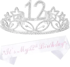 12th Birthday Gifts for Girl, 12th Birthday Tiara and Sash Silver, Happy 12th Birthday