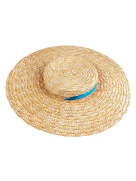 1940s Vintage Style Straw Hat Blue Ribbon Ties