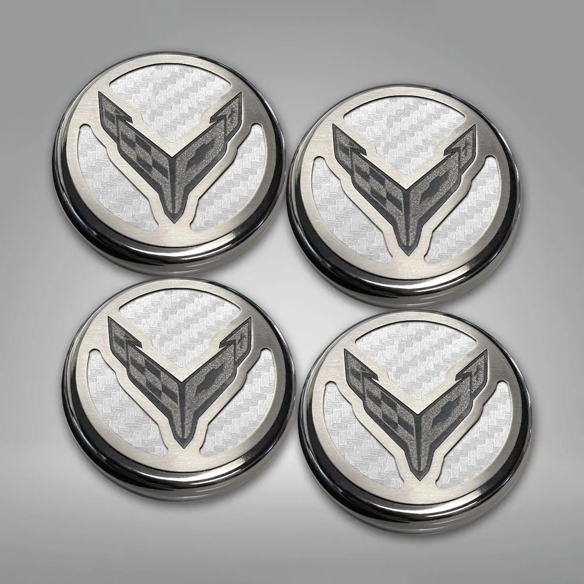 2020-2024 C8 Corvette Coupe - Cap Cover Set 4pc Carbon Fiber Inserts with Stainless Crossed Flags Logo - Polished/Brushed Finish