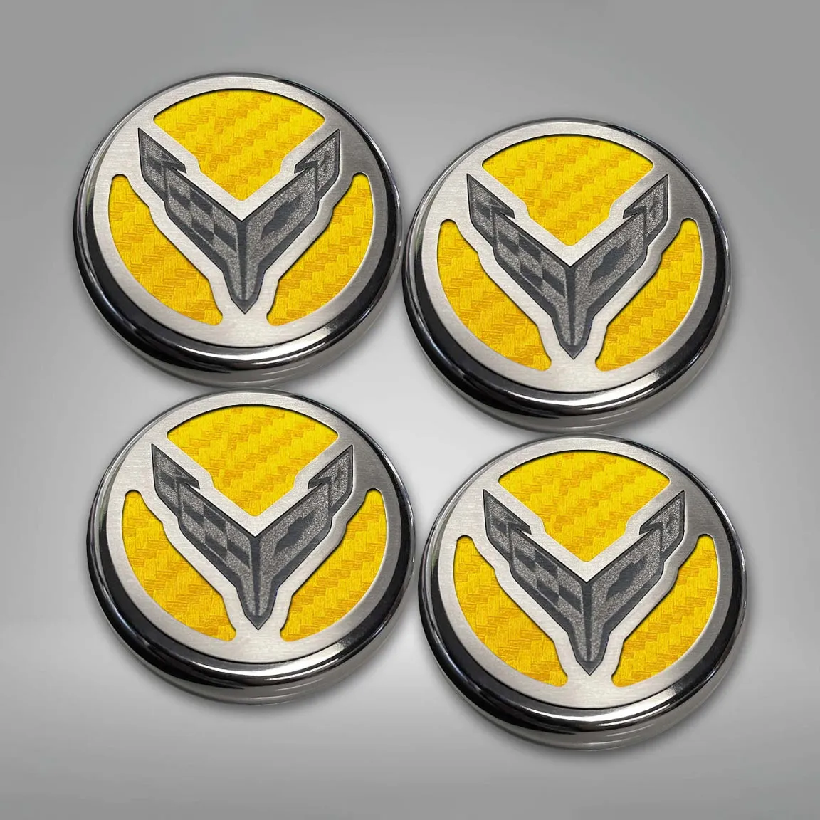 2020-2024 C8 Corvette Coupe - Cap Cover Set 4pc Carbon Fiber Inserts with Stainless Crossed Flags Logo - Polished/Brushed Finish