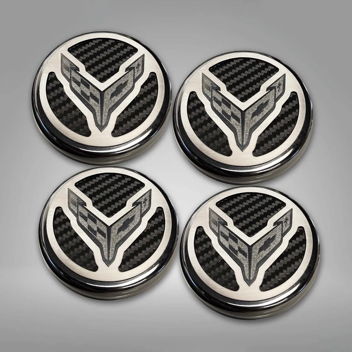 2020-2024 C8 Corvette Coupe - Cap Cover Set 4pc Carbon Fiber Inserts with Stainless Crossed Flags Logo - Polished/Brushed Finish