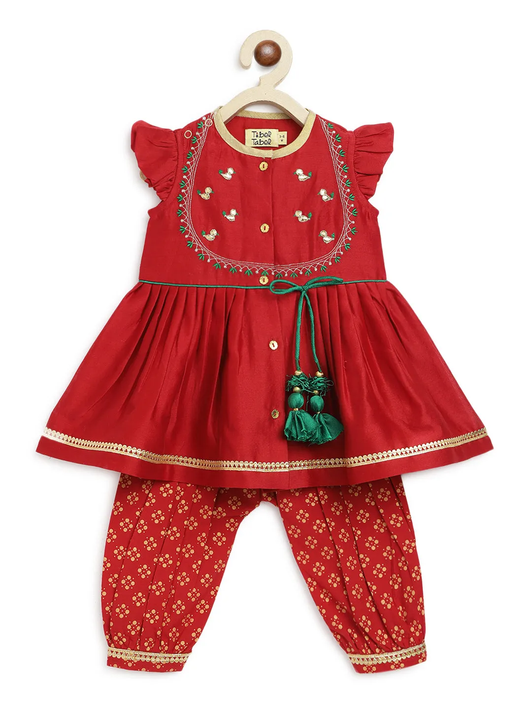 Baby Girl Chanderi Silk Ruffle Sleeves Angrakha Set - Red