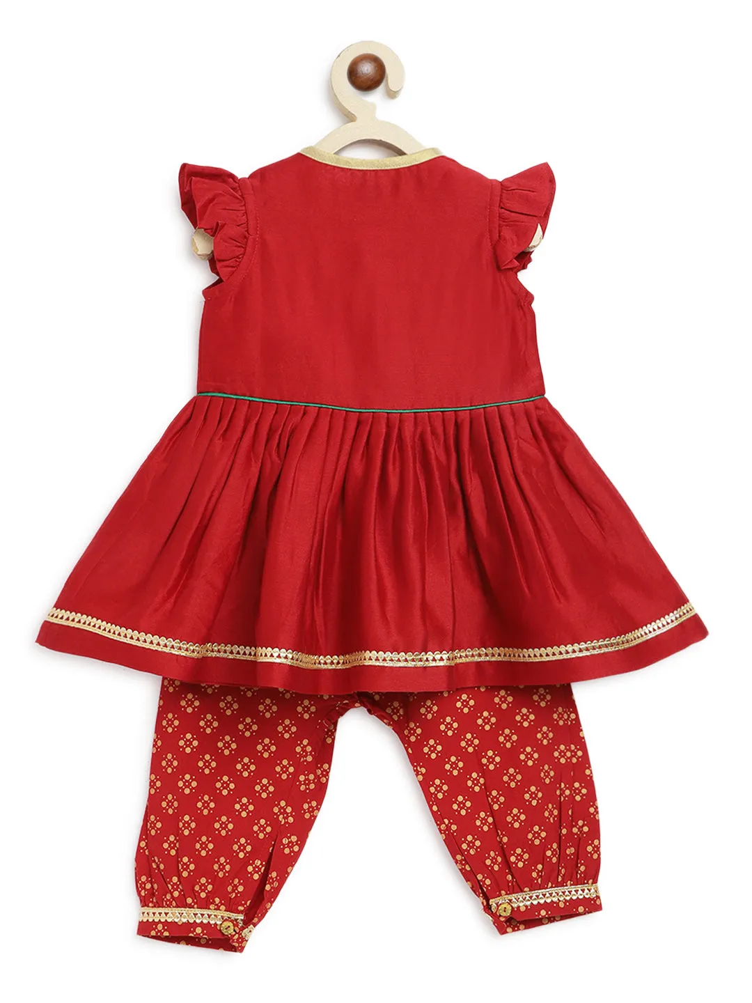 Baby Girl Chanderi Silk Ruffle Sleeves Angrakha Set - Red