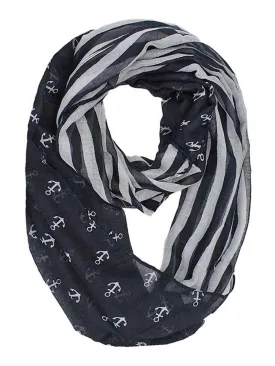 Black & Gray Striped Anchor Print Lightweight Circle Scarf