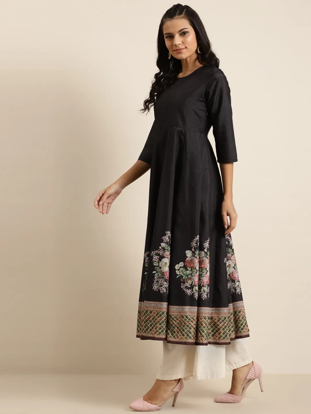 Black Floral Kali Kurta