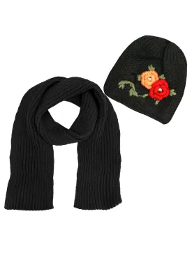 Black Knit 2 Piece Hat & Scarf Set With Floral Design