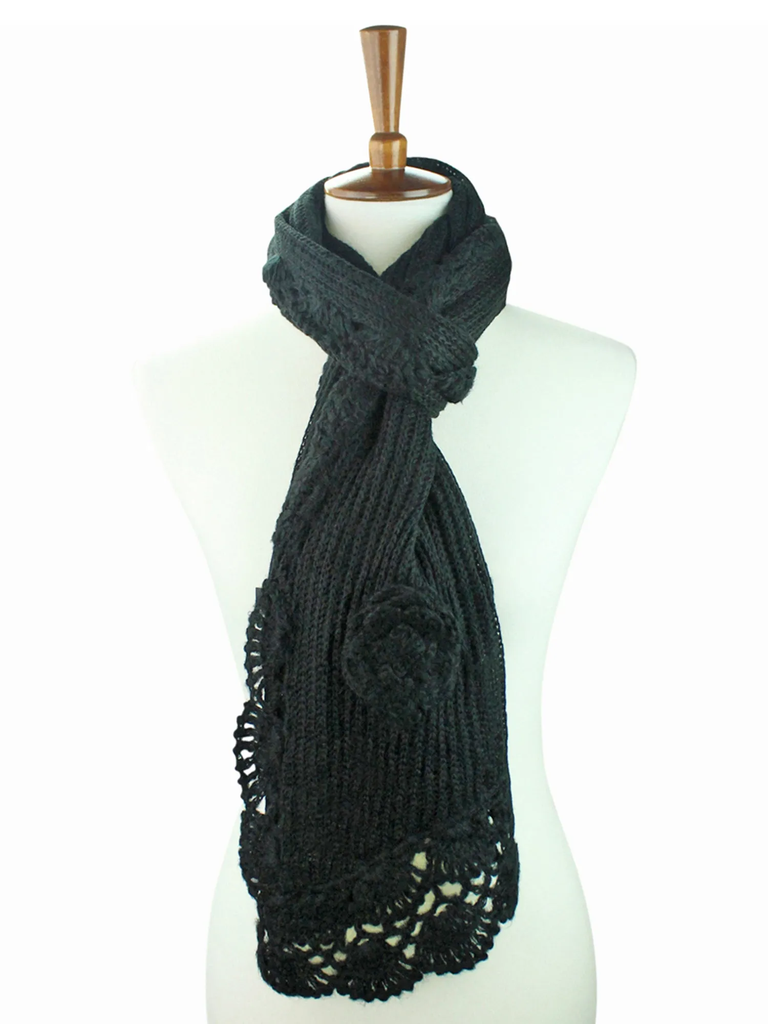 Black Warm Crochet Knit Winter Scarf With Rosette Trim