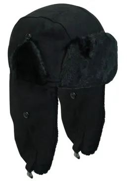 Black Wool Aviator Cap Hat With Faux Fur Trim