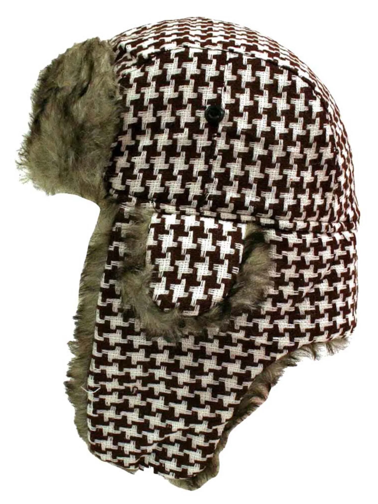 Brown & White Houndstooth Faux Fur Lined Aviator Hat