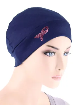 CE-CHEMOCAP-PR-NAVY#Chemo Cap Pink Ribbon Rhinestone in Navy Blue