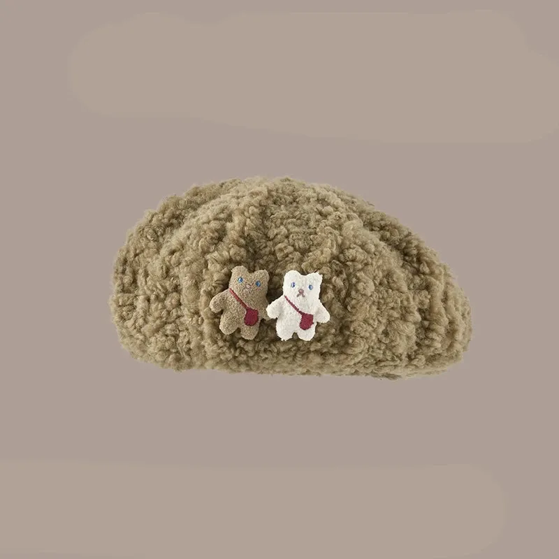 Cute Cartoon Bear Beret Hat - Plush Winter Painter Hat