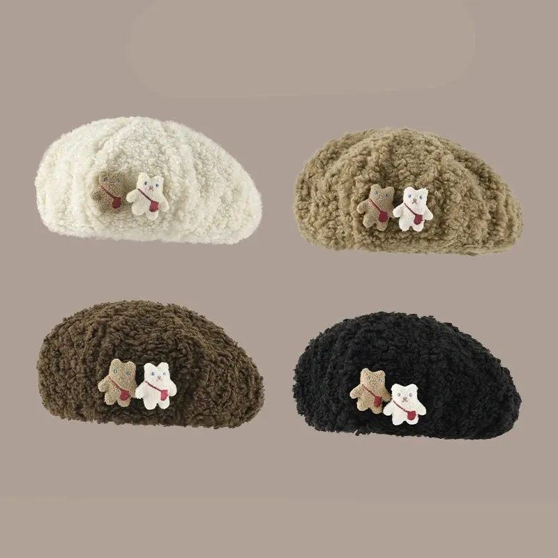 Cute Cartoon Bear Beret Hat - Plush Winter Painter Hat