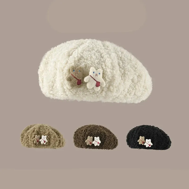 Cute Cartoon Bear Beret Hat - Plush Winter Painter Hat