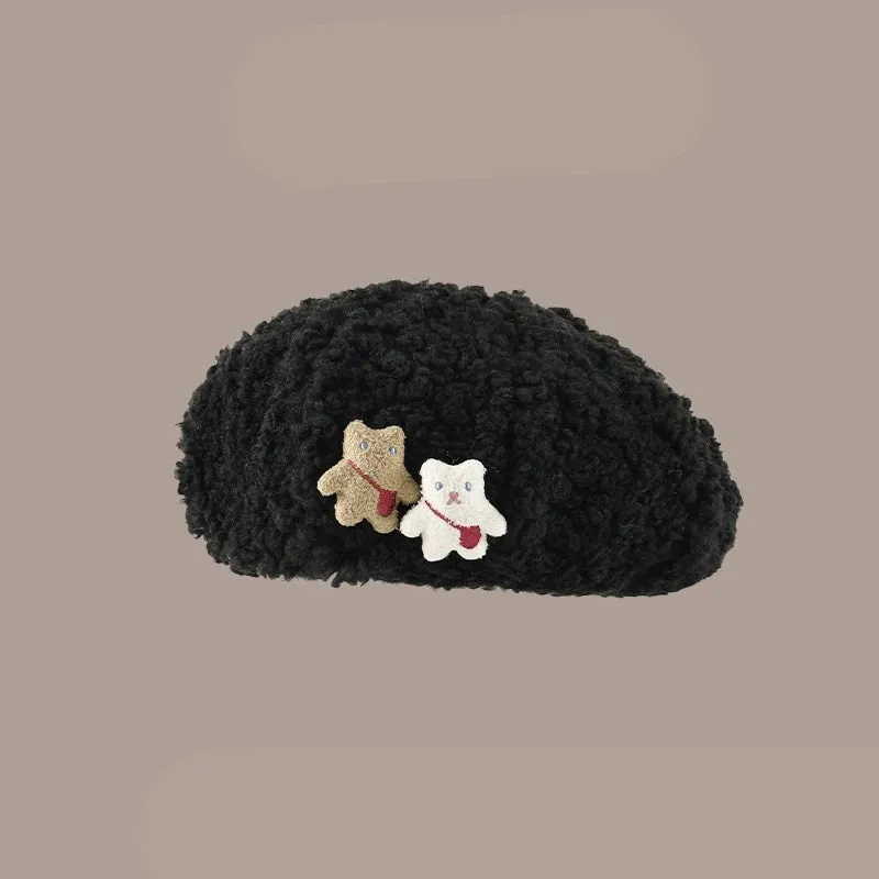 Cute Cartoon Bear Beret Hat - Plush Winter Painter Hat