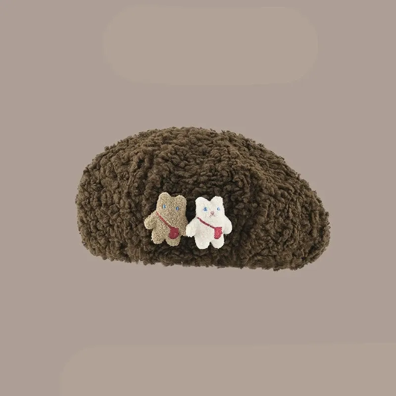 Cute Cartoon Bear Beret Hat - Plush Winter Painter Hat