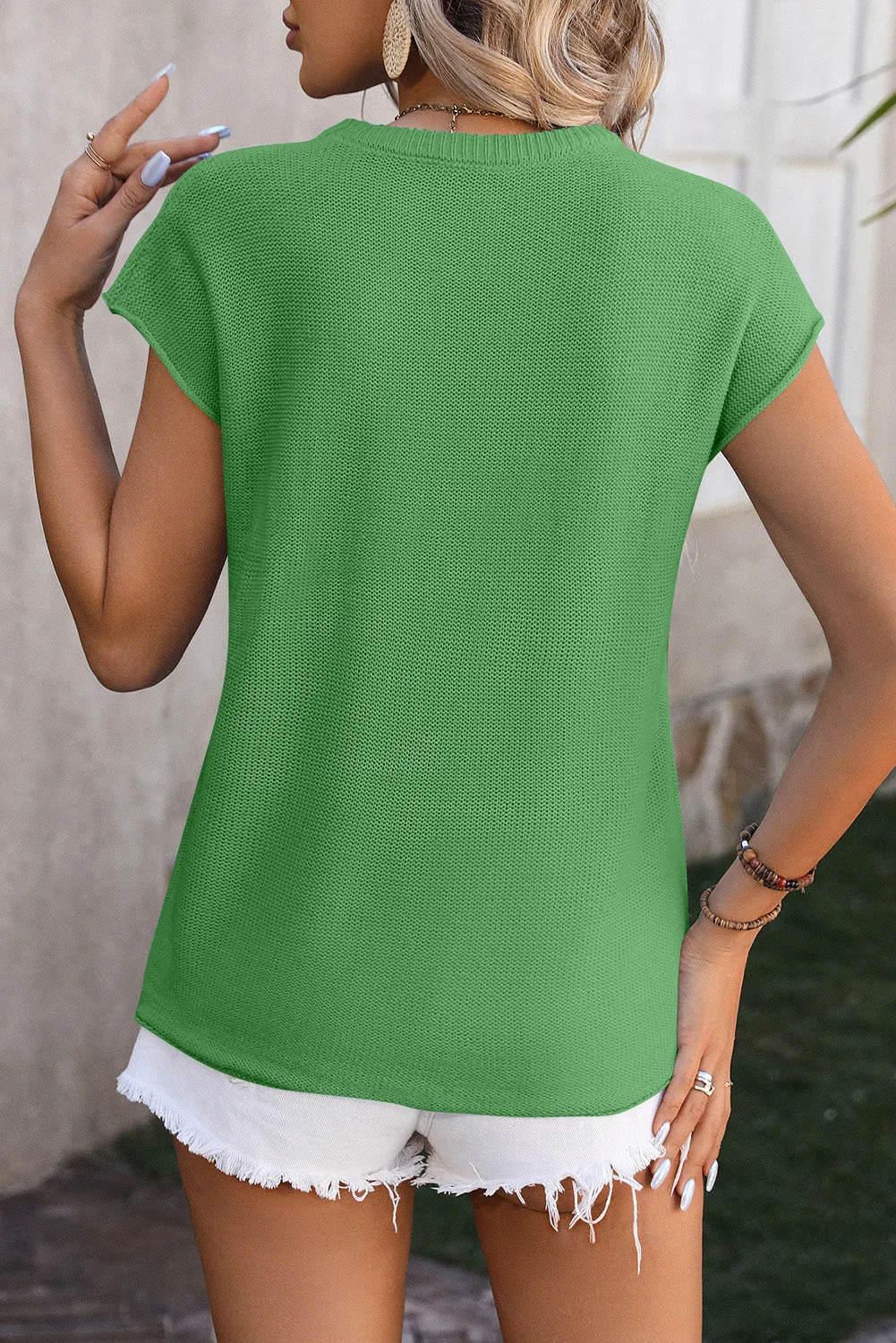 Dark Green Center Seamed Cap Sleeve Knit Blouse