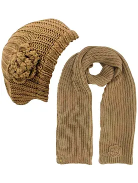 Feminine Rosette Knit Beret Hat & Scarf Set