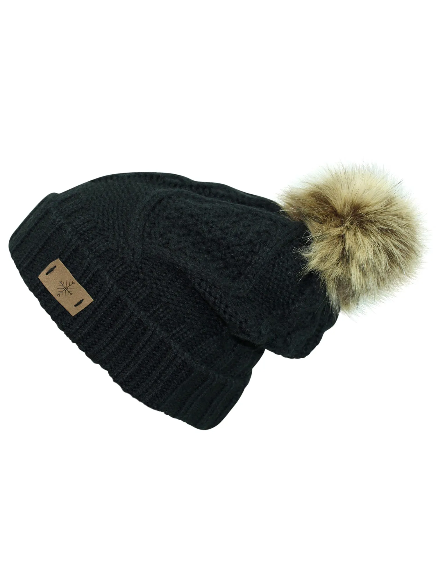 Fleece Lined Cable Knit Beanie Cap Hat With Pom Pom