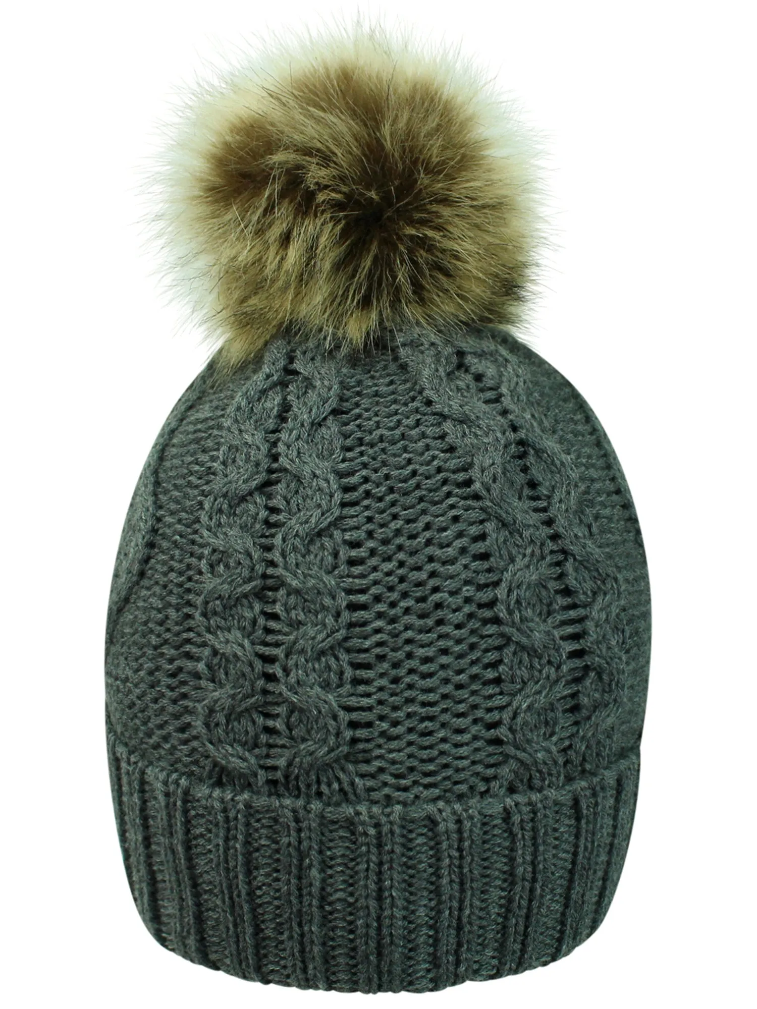 Fleece Lined Cable Knit Beanie Cap Hat With Pom Pom