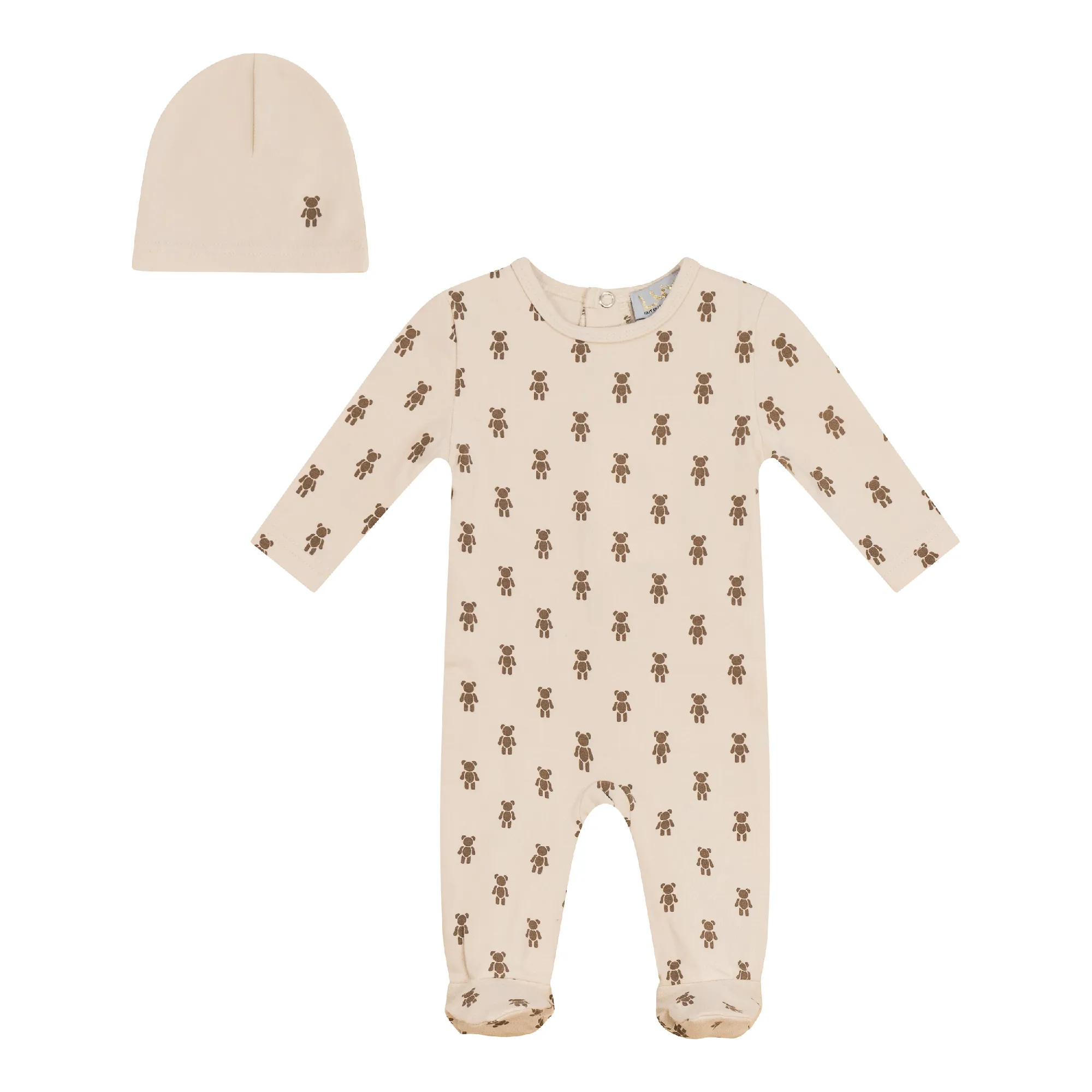 footie bear print with hat - dark almond