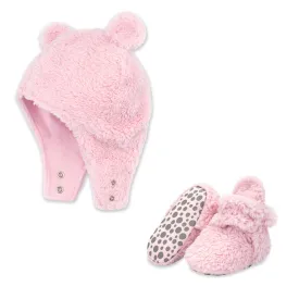 Furry Bootie and Furry Bear Hat Set - Baby Pink