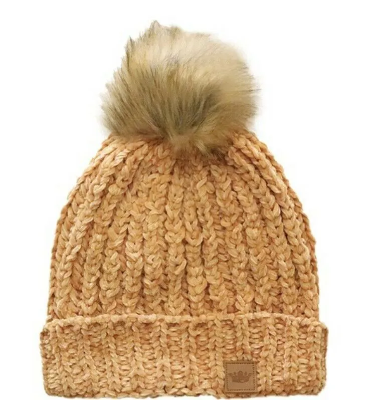 Golden Mustard Chenille Knit Fur Pompom Winter Beanie Womens