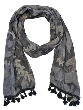 Grey Multicolor Floral Print Scarf With Tassels