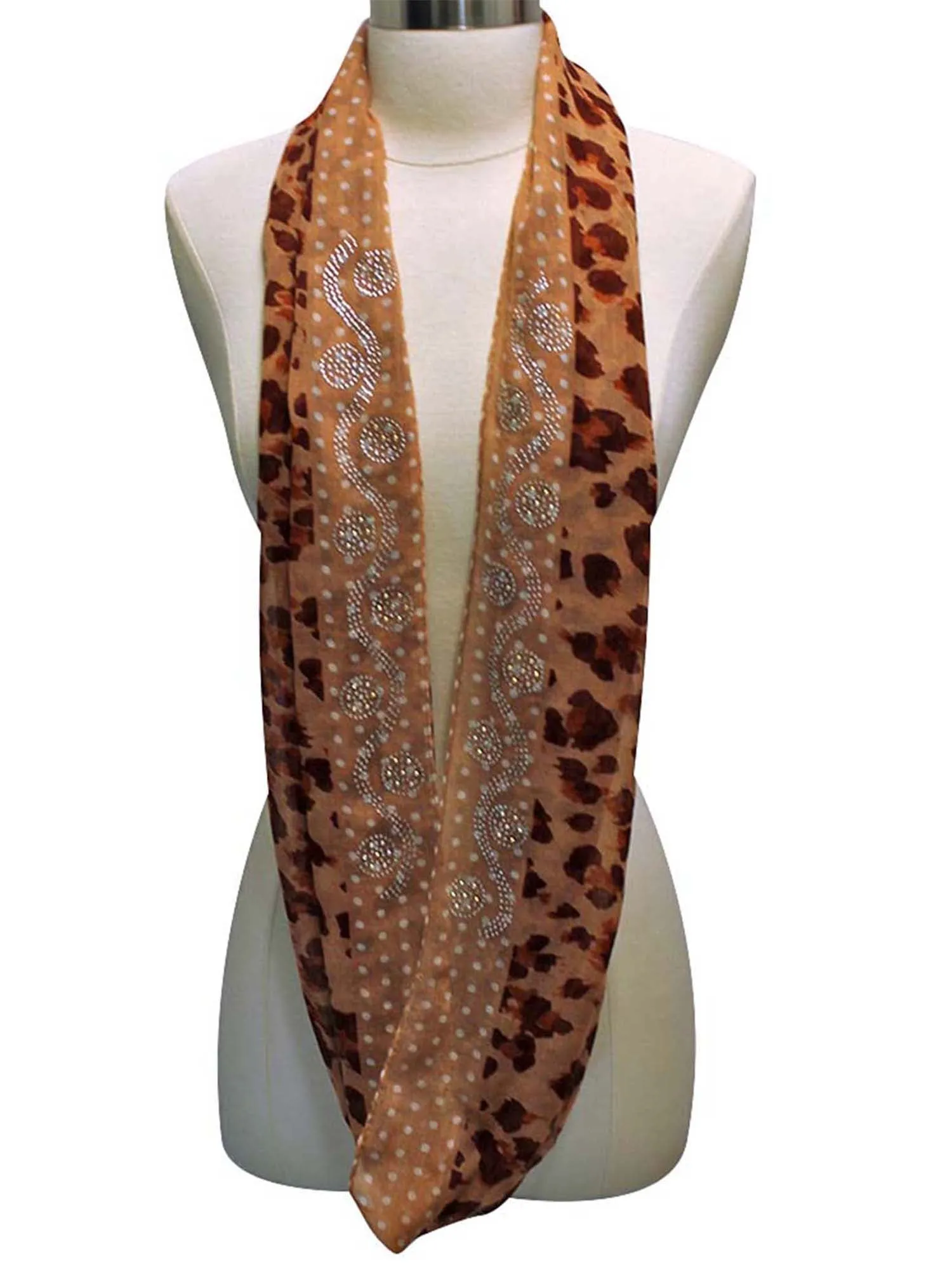 Leopard Print Infinity Scarf With Rhinestone Design