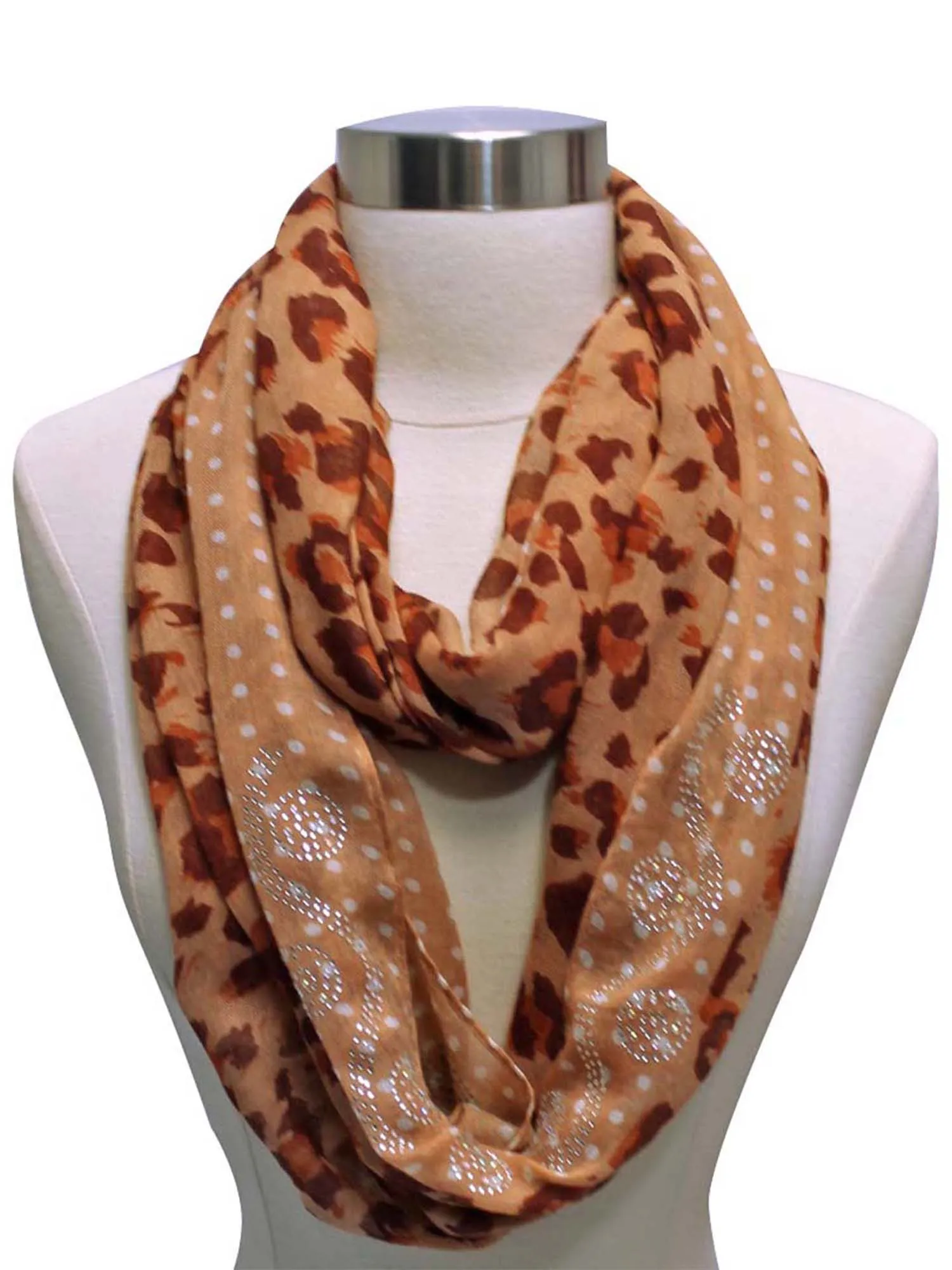 Leopard Print Infinity Scarf With Rhinestone Design