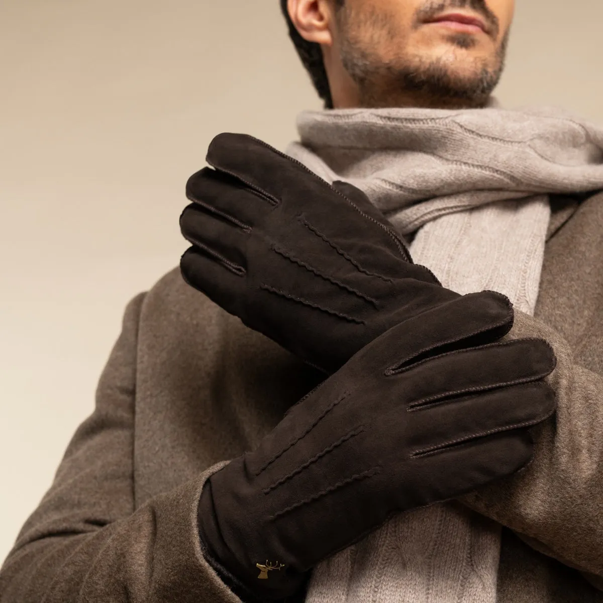 Matthew (brown) - suede goatskin leather gloves with luxurious sheep fur lining