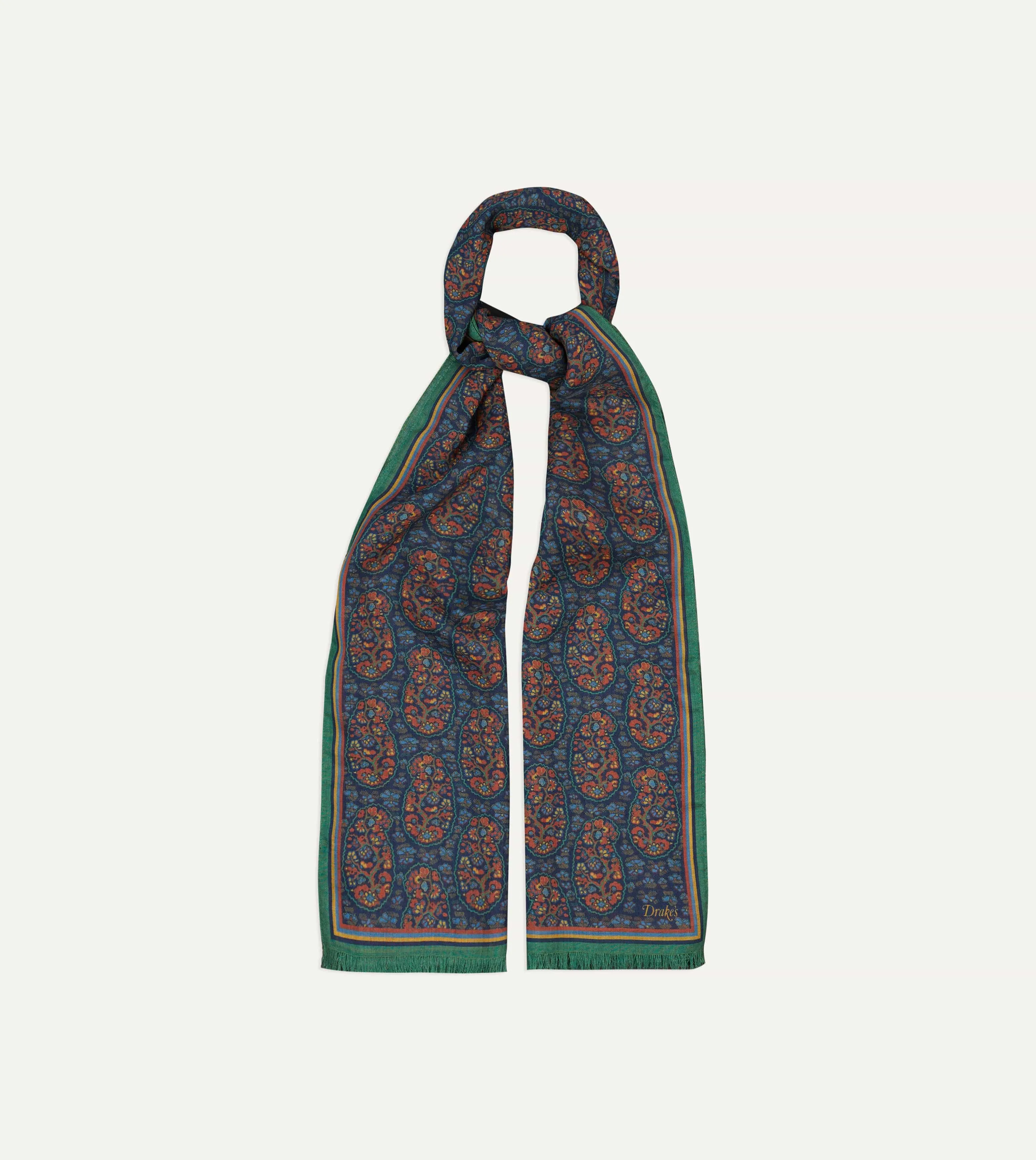 Navy and Green Paisley Print Wool-Silk Scarf