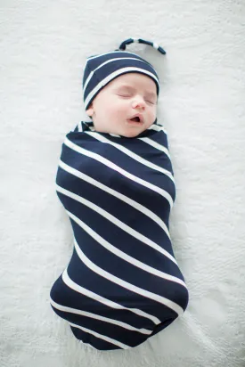 Navy Striped Swaddle Blanket & Knotted Hat Set