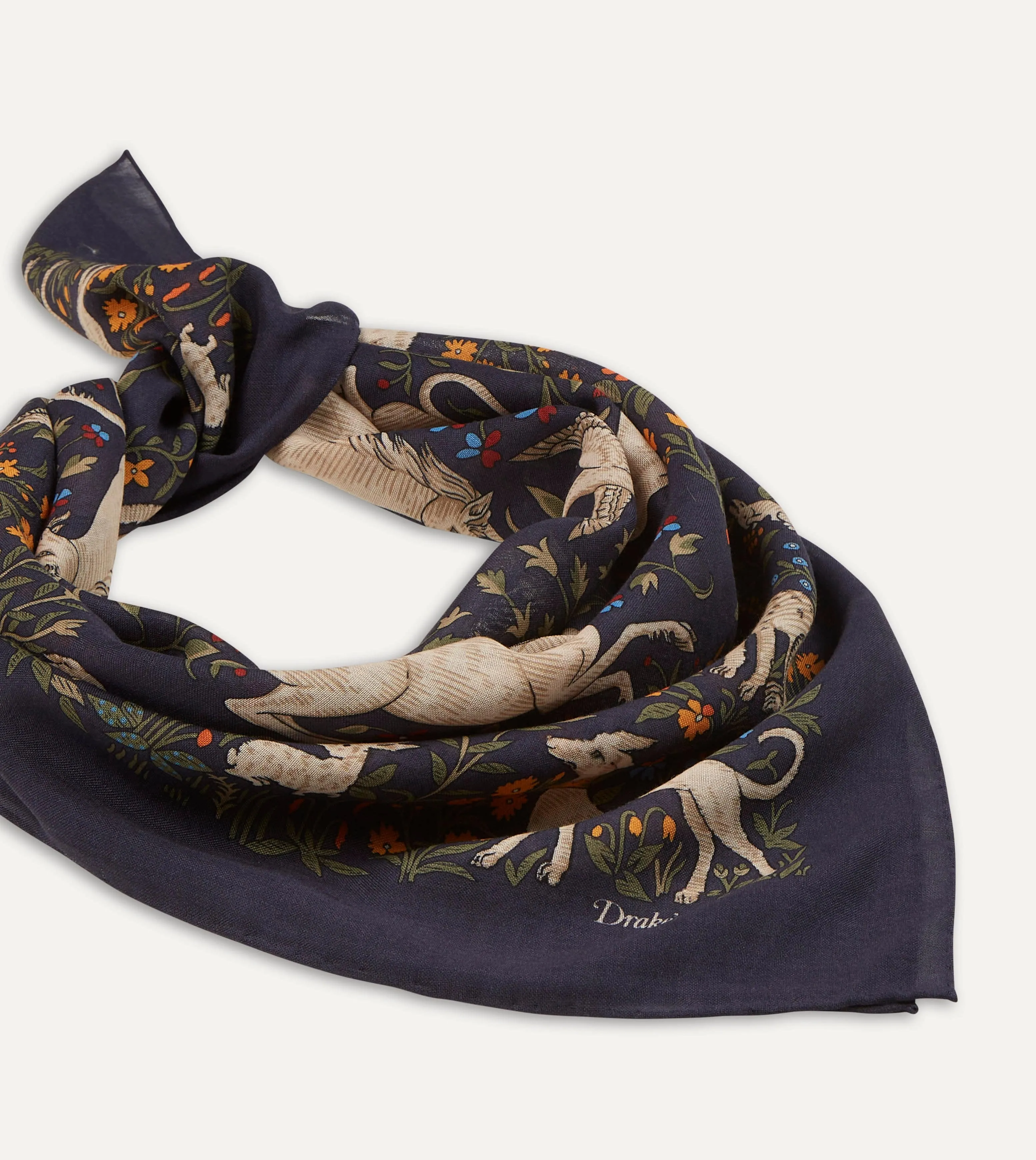 Navy Unicorn Print Wool-Silk Square Scarf