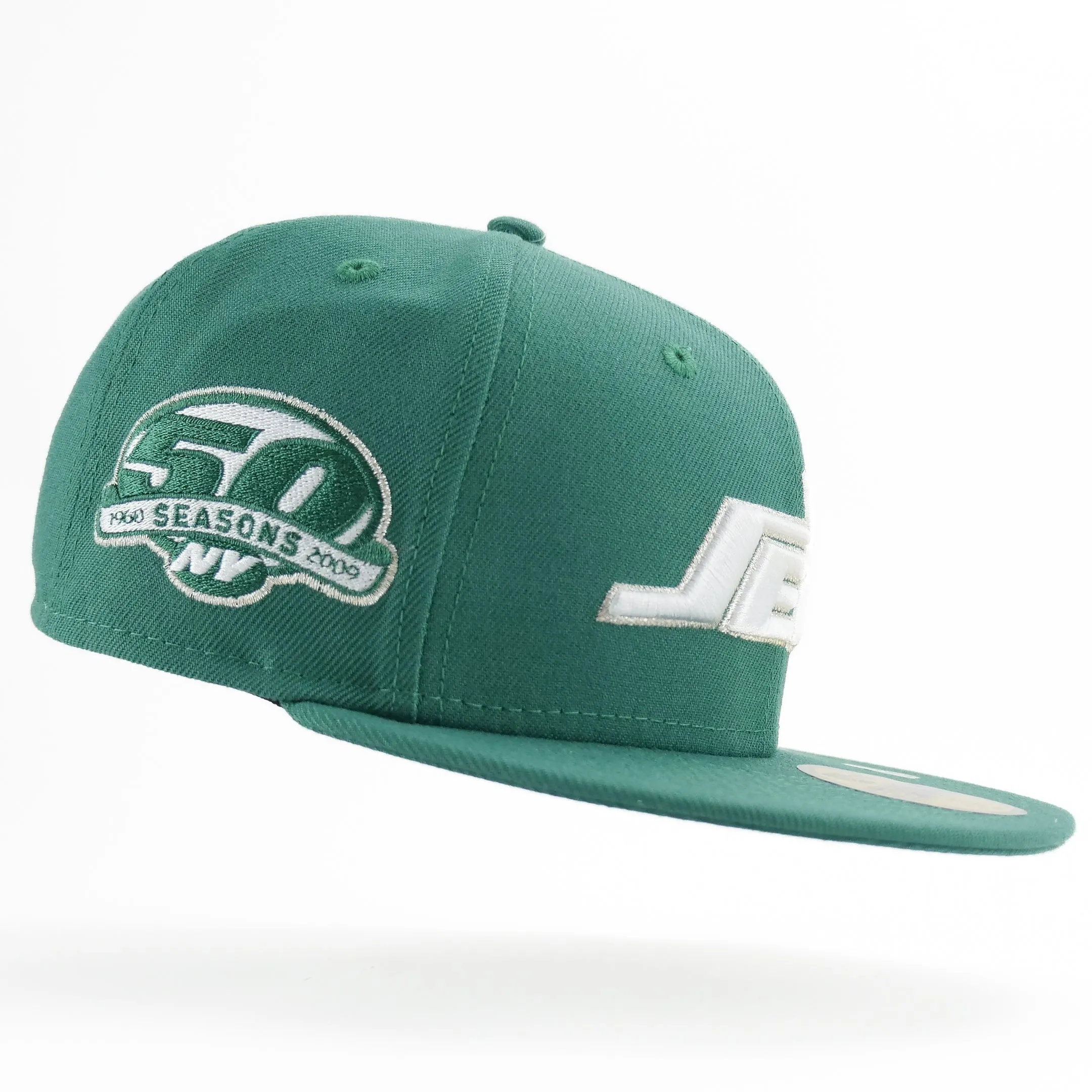 New Era Custom Exclusive Fitted New York Jets Green Metallic Silver Thread 50th Anniversary Patch