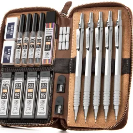 Nicpro 20PCS Metal Mechanical Pencil Set in Leather Case, 0.3, 0.5, 0.7, 0.9 mm & 2mm Lead Pencil Holders, 9 Tube (4B 2B HB 2H) Lead Refills(Black & Colors), Erasers For Art Drafting Sketching Drawing