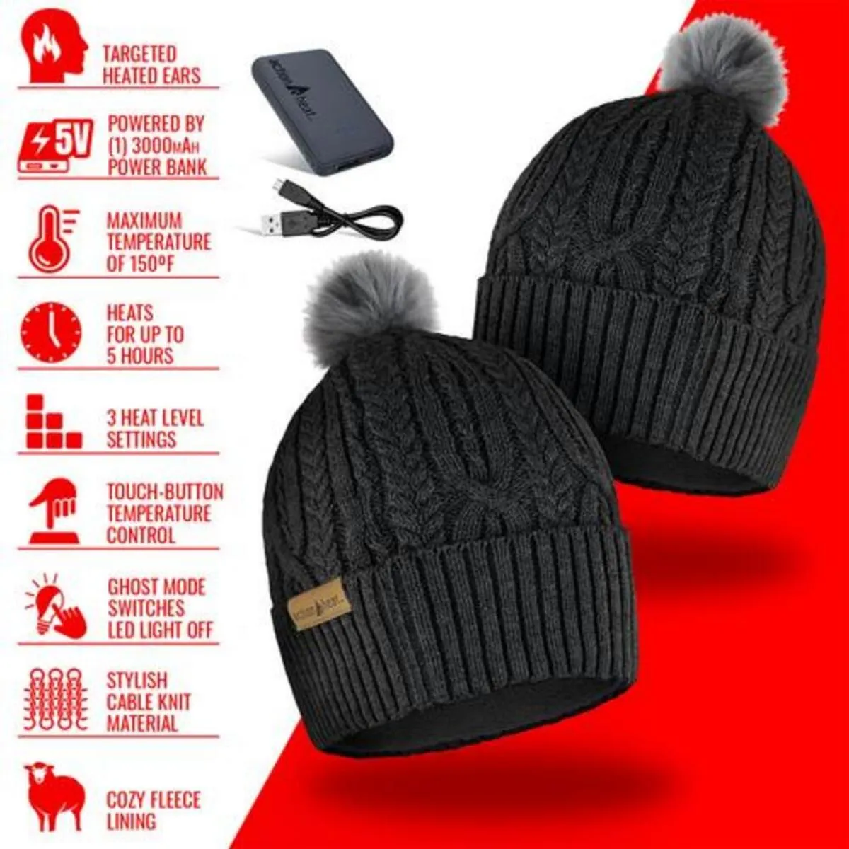 Open Box ActionHeat 5V Battery Heated Cable Knit Hat