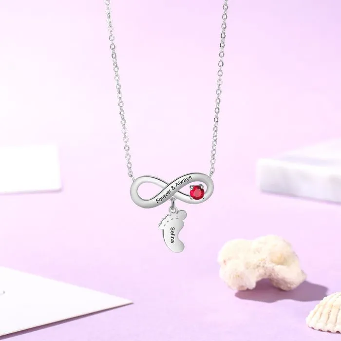 Personalized Birthstone Infinity Baby Feet Necklace- Gift Ideas For Mom On Mothers Day