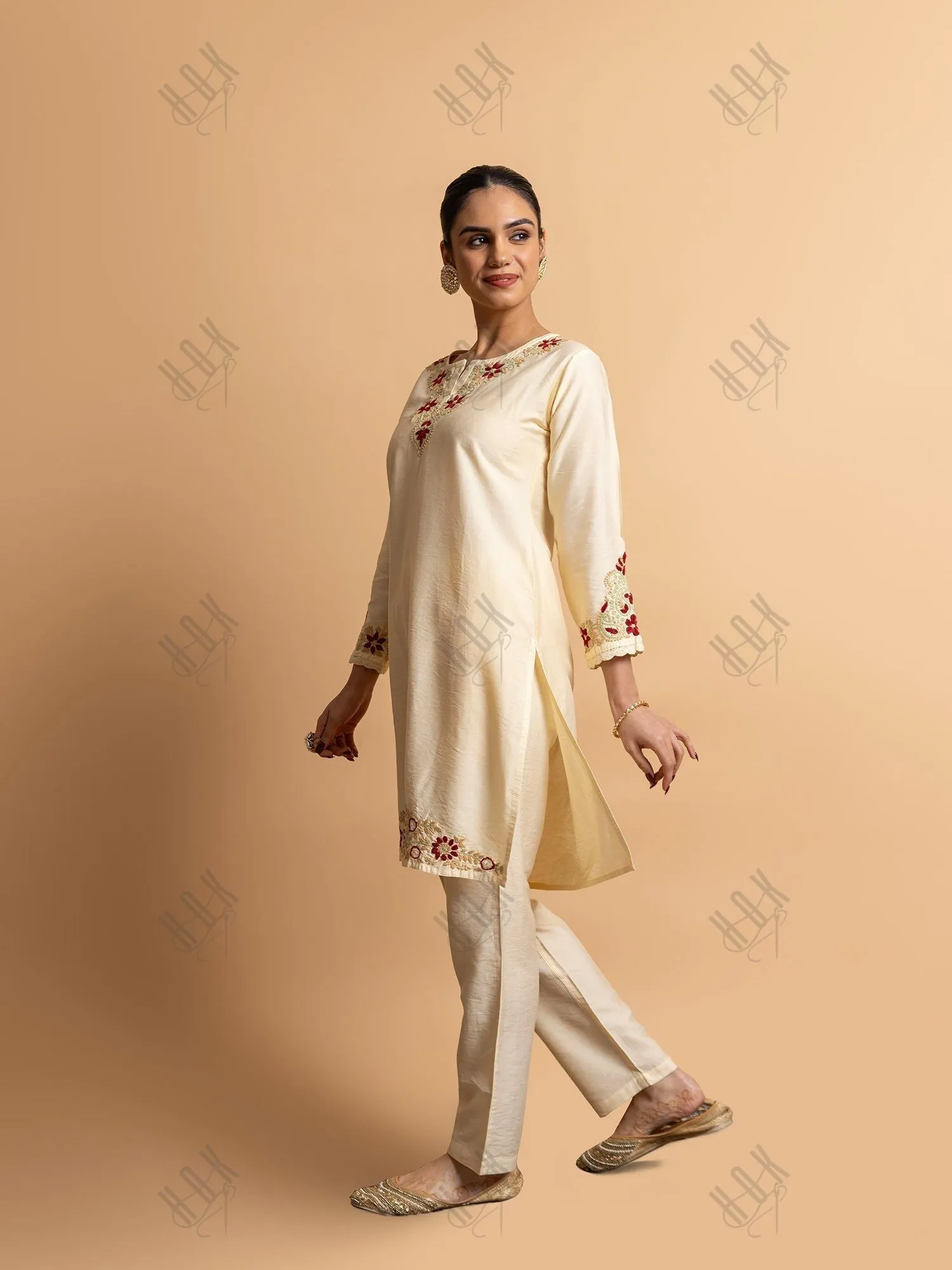 Rimple in Fizaa's Chikankari Chanderi Silk Kurta Set for Women - Beige