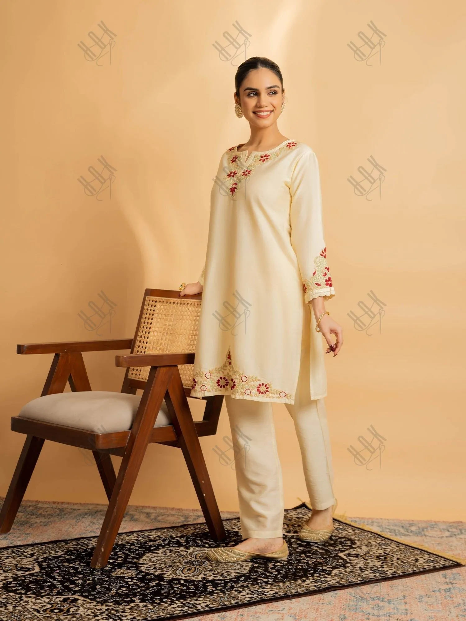 Rimple in Fizaa's Chikankari Chanderi Silk Kurta Set for Women - Beige