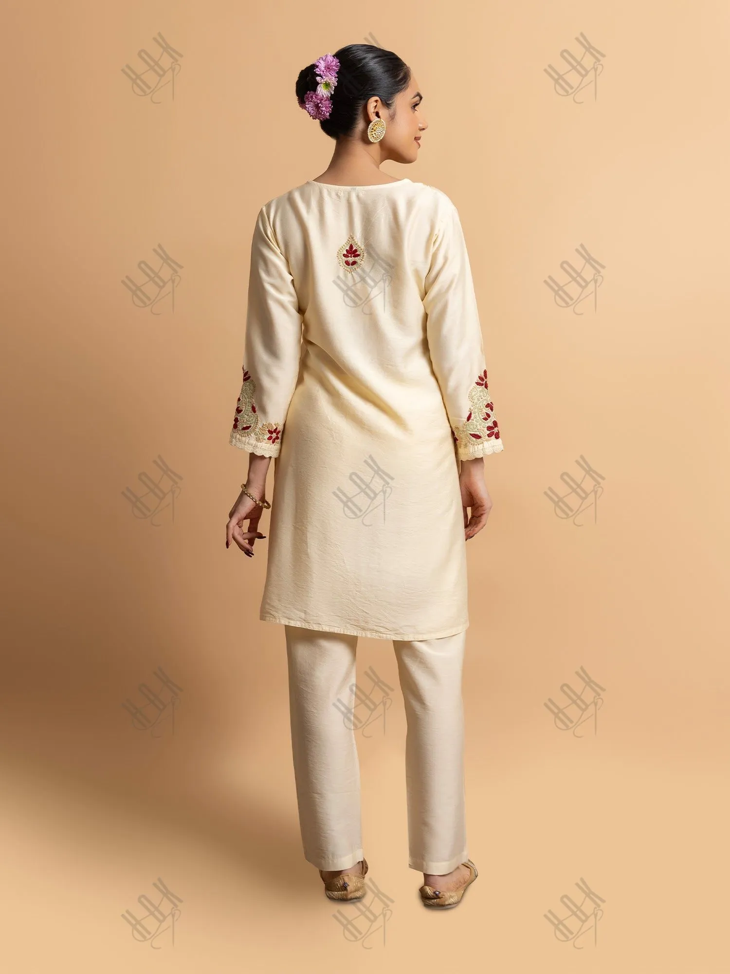 Rimple in Fizaa's Chikankari Chanderi Silk Kurta Set for Women - Beige