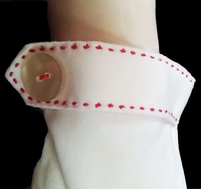 VINTAGE '50s / '60s WHITE COTTON GLOVES WITH RED TOP STITCHING & BUTTON ACCENT