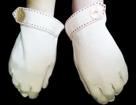 VINTAGE '50s / '60s WHITE COTTON GLOVES WITH RED TOP STITCHING & BUTTON ACCENT